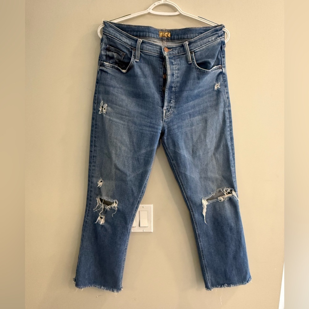 MOTHER Distressed Ankle Jeans in Blue - the Tripper ankle fray